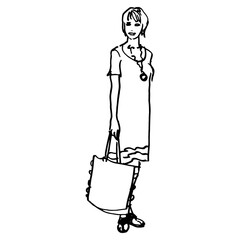 Wall Mural - Standing pretty young woman with short blonde hair holding a bag. Happy smiling lady. Female portrait. Hand drawn linear doodle rough sketch. Black silhouette on white background.