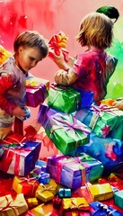 Wall Mural - The kids are tearing open their presents with glee. They paper is flying everywhere and the delighted squeals of children can be heard throughout the room. One little girl is holding a beautiful doll 