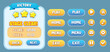 © RegalDesigner - Vector game UI kit. Set of victory menu scene pop up, icons, and buttons with editable text effect. Game UI kit in cartoon style. Complete menu of graphical user interface GUI to build 2D games.