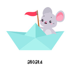 Sticker - Little Mouse Aboard of Paper Boat as English Language Preposition for Educational Activity Vector Illustration