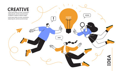 Vector illustration. people moving around a bulb, a metaphor for the birth of a creative idea. Team thinking and brainstorming. Business concept analysis. graphic design idea of project activity