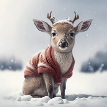 Ai Generated Cute Baby Deer In Little Holiday Sleigh 