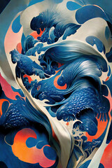 Abstract Japanese wave - dynamic oil painting poster, with flowing forms and dragon shapes, blue and pink