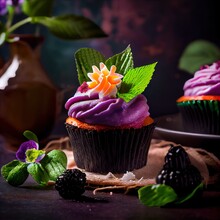 A Cupcake With Purple Frosting And A Flower On Top Of It Next To A Plate Of Blackberries. A Cupcake With Purple Frosting And A Flower On Top