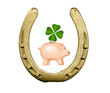 Symbolic picture, horseshoe with cloverleaf and piggy bank