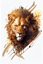 Illustration Of A Lion, The King Of The Animals, Ink Painting With Bold Gold, Bronze Black And Brown Brushstrokes, Stylized With Intricated Detail, Isolated In White Background.
