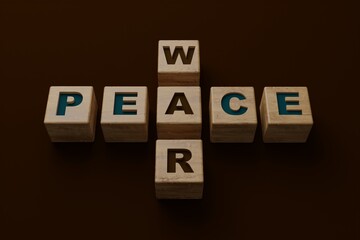 Sticker - The inscription WAR and PEACE on wooden blocks. The concept of peace before the war, trying to bring about a truce, no war. 3D render, 3D illustration.