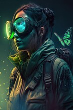 Cyberpunk Woman With Goggles And Neon Butterfly
