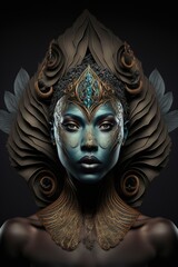 Wall Mural - Epic ornate goddess sculpture character design. 3d render. Isolated on black background.