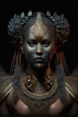 Wall Mural - Epic ornate goddess sculpture character design. 3d render. Isolated on black background.