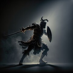 Silhouette samurai warrior knight in fighting pose. Shadows, smoke and epic lighting. 