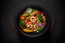 Stir Fry Chinese Noodles With Shrimp And Vegetables.