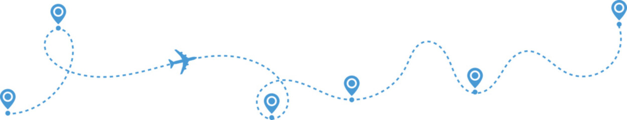 Airplane path in a dotted line shape. pin map marker pointer sign. Airplane line path travel icon. Aircraft tracking, planes travel dot line