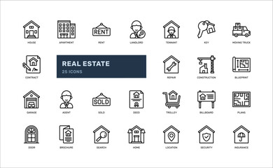 real estate house building architecture mortgage living detailed outline icon set. simple vector illustration