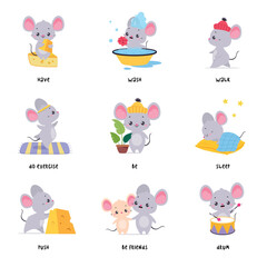 Canvas Print - Little Mouse Demonstrating English Verbs for Educational Activity Vector Set