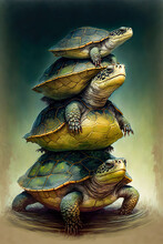 Turtles Stacked Up Like Zen Stones. Illustration, Digital Cartoon Painting.