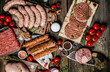 Various kinds of grill and bbq raw meats. Chicken, steak, sausages, minced beef meat kebabs, pork with herbs, spices on wooden background. Long banner format. top view