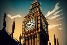 Big Ben Clock Tower In London At Suncartoon Style, Special Photographic Processing.