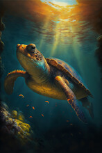 Beautiful Turtle Diving In The Clean Ocean With Sunlight Streaming Down Through The Water.