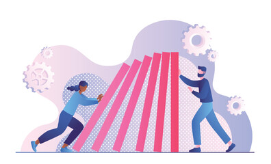 Domino effect concept. Man holding objects that woman pushing. Resistance and struggle. Poster or banner for website. Interaction and partnership, communication. Cartoon flat vector illustration