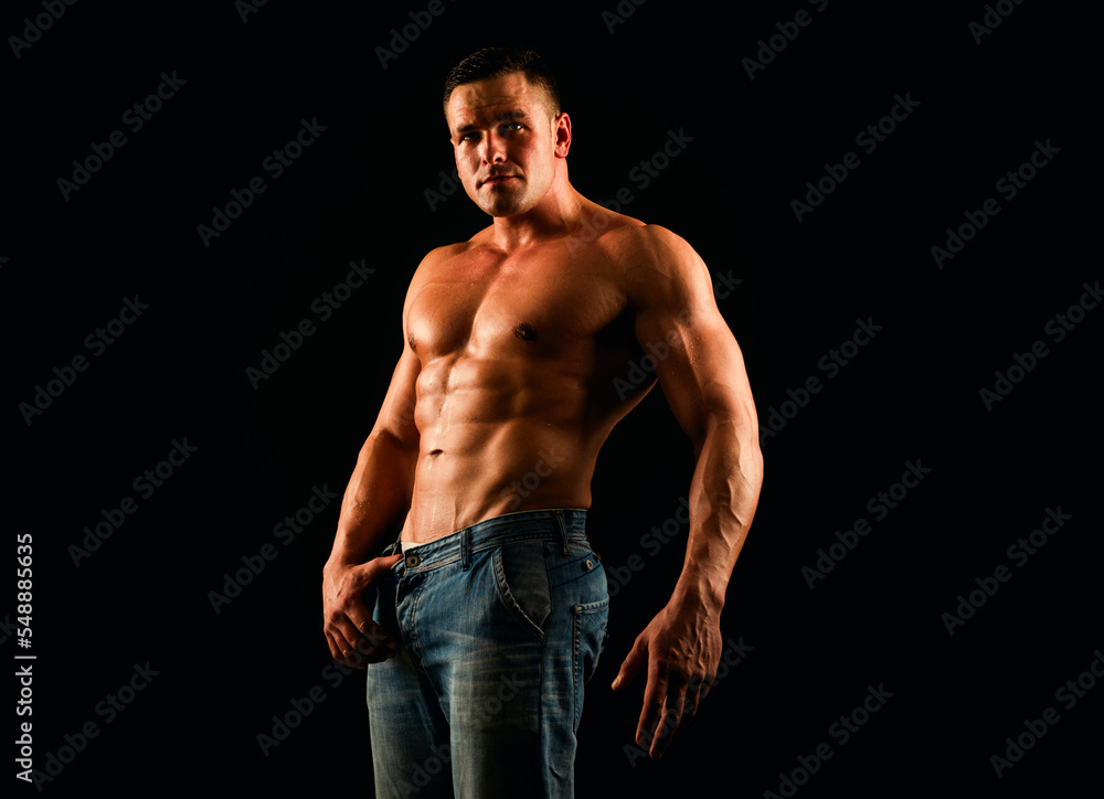 Muscular shirtless manked man model showing six pack abs. Gay sexy ...