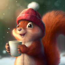 A Fluffy Little Brown Squirrel, Wearing A Wool Winter Coat And Wool Christmas Hat, Holds A Mug Of Steaming Hot Chocolate.