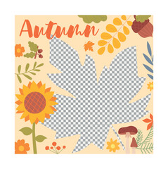 Wall Mural - Autumn copy space frame. Transparent background in leaf pattern. Vegetables, berries and plants. Symbol of forest, botanist and floristry. Advertising and marketing. Cartoon flat vector illustration