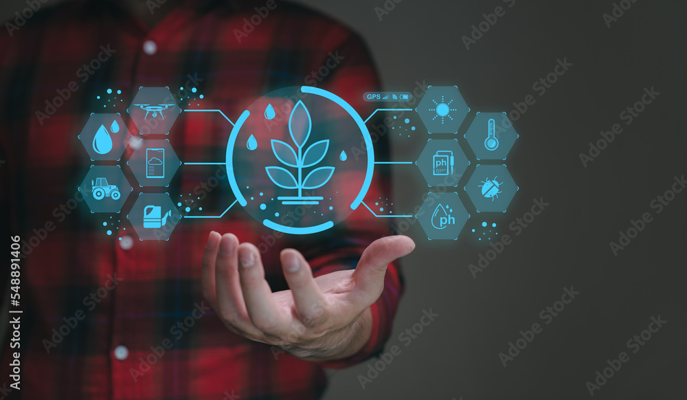Farmer showing thumbs up with IOT smart farming visual icon concept ...