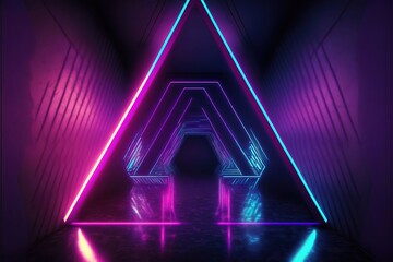 Wall Mural - Sci Fi Futuristic Neon Glowing Purple Blue Pink Triangle Shaped Tilted Lines, Metal Reflective Mesh Surface Tunnel Room Hall. Generative AI Technology