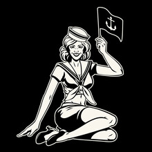 Back And White Style Drawing Of Pin Up Sailor Girl 