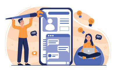 Wall Mural - app interface improvement. man and woman develop ui and ux design for programs and website. freelanc