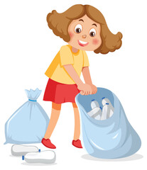 Wall Mural - A girl sorting plastic bottles in trash bag