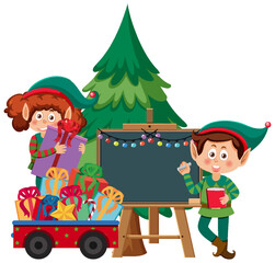 Wall Mural - Christmas tree with elves cartoon character