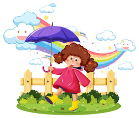 Poster - A girl holding umbrella with rainbow in the sky