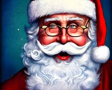 The Portrait Of Santa Claus Is In A Bright Red Frame. He Has A Long White Beard And His Hair Is Curly. He Is Wearing A Red Suit With White Fur Trimming. His Belly Looks Round And Full, Like He Has