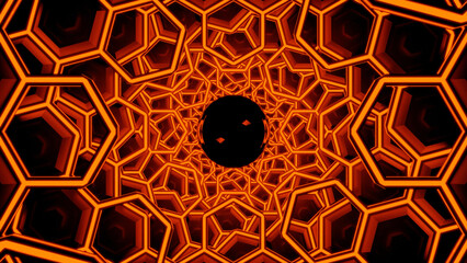 Wall Mural - black background. design.a bright corridor made up of orange circles is slowly moving inward in 3d.