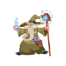 Old Wizard Casting Spell Cartoon Illustration. Wise Magician, Warlock, Mage Or Sorcerer With White Beard In Hat And Robe Casting Spell. Magic Concept