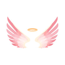 Cute Pink Wings And Gold Nimbus Flat Vector Illustration. Cartoon Drawing Of Pair Of Angel Wings And Halo Isolated On White Background. Love, Heaven, Religion, Freedom Concept