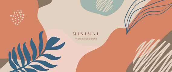 Minimal abstract background vector illustration. Earth tone pastel color organic shape, dot pattern, curve lines, leaf branch. Design for wall art, print, poster, home decor, cover, wallpaper.