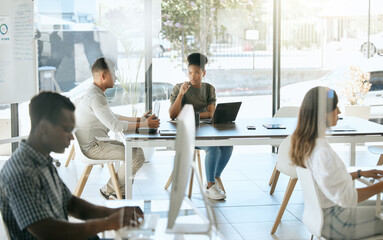 Business people, marketing team and collaboration, meeting and discussion in advertising agency behind glass window. Designers, diversity teamwork and creative company, planning and coworking startup