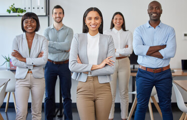 Wall Mural - Business people, portrait smile and team with arms crossed in corporate collaboration or diversity at the office. Group of diverse confident employee workers smiling in teamwork vision at workplace