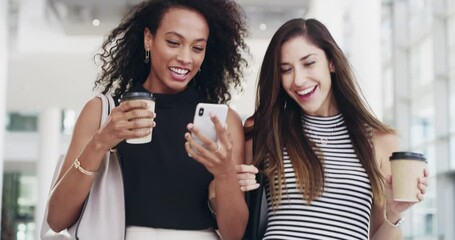 Canvas Print - Social media, coffee and business women walking in a lobby, phone communication and happy with work wifi. Corporate, diversity and employees with tea drink, mobile app and talking at a company