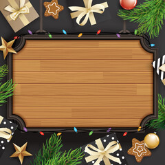 Wall Mural - Merry christmas gift box and wooden background with space for text. Happy holiday greeting banner and card template.