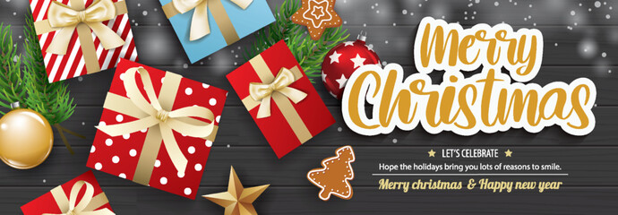 Wall Mural - merry christmas with glass ball and giftbox for flyer brochure background invitation theme concept. 