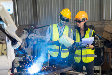 Aufkleber - Male engineer and female technician maintenance control robot arm system welding with robot controller at production plant factory. Male and female engineer working with robot arm system welding