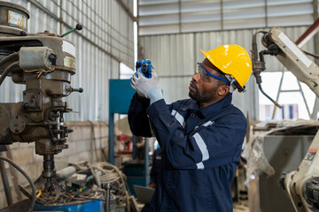 Aufkleber - Factory male engineer worker checking or maintenance parts of metal lathe CNC machine in the industry factory