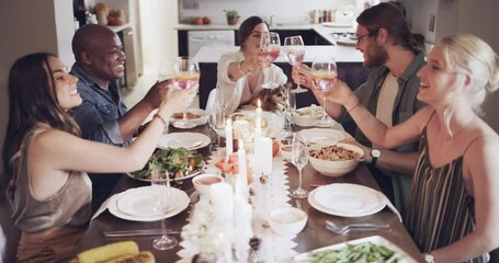 Sticker - Friends, cheers and dinner table for meal, food or friendship together in the dining room at home. Happy people celebrating, drinking and toasting to fine dining, socializing or gathering for holiday