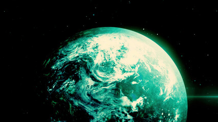 Wall Mural - abstract spherical space body rotating in front of stars. motion. turquoise planet spinning in outer