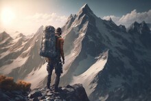 Illustration About Climber Looking At Distant Mountains. Made By AI.