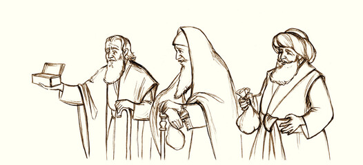 Wall Mural - Pencil drawing. Wise men brought gifts to Jesus